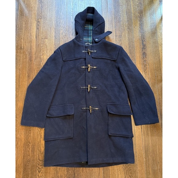 VTG Brooks Brothers Mens 44 Wool Coat Trench Jacket Loden Plaid Navy Blue Hood